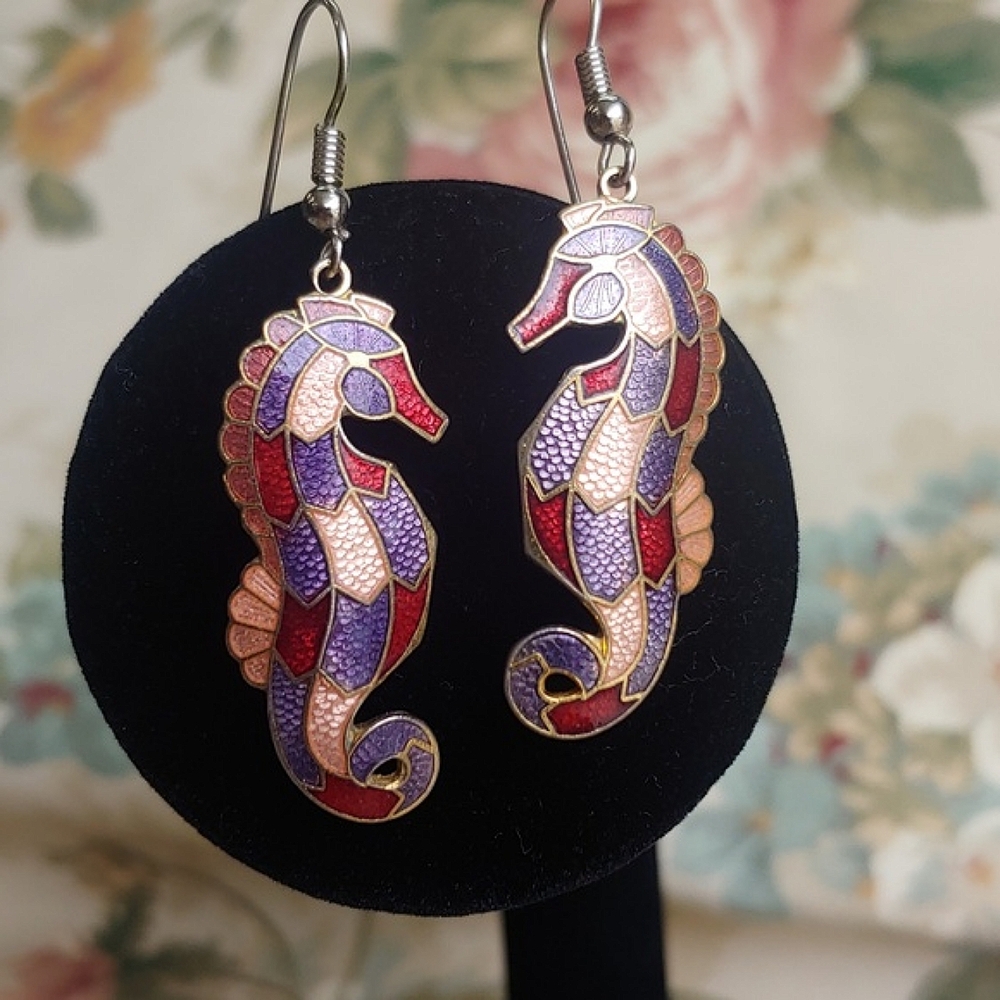 Mosaic Look Seahorse Dangle Earrings